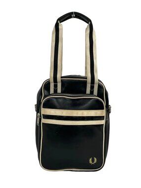 FRED PERRY Black Cream Leather Nylon Canvas Handbag
